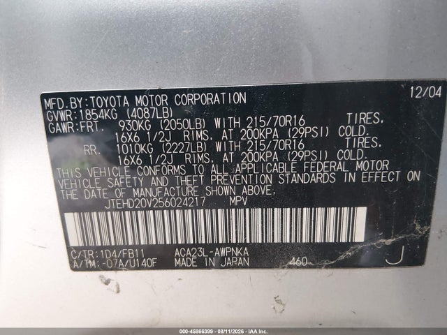 2005 Toyota Rav4 მანქანა იყიდება აუქციონზე, vin: JTEHD20V256024217, აუქციონის ნომერი: 45866399