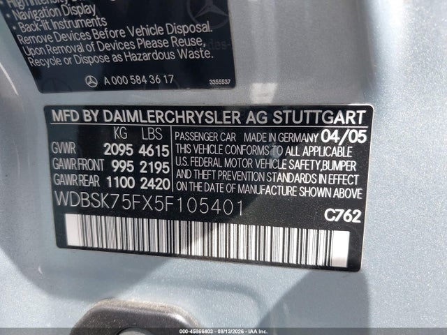 45866403 :رقم المزاد ، WDBSK75FX5F105401 vin ، 2005 Mercedes-benz Sl 500 مزاد بيع