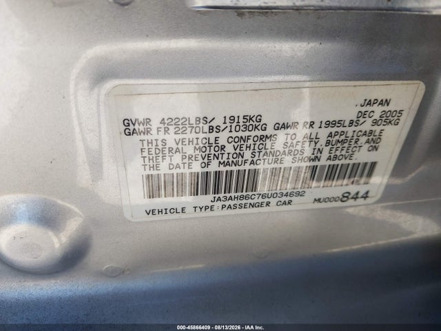 45866409 :رقم المزاد ، JA3AH86C76U034692 vin ، 2006 Mitsubishi Lancer Evolution Ix/mr مزاد بيع