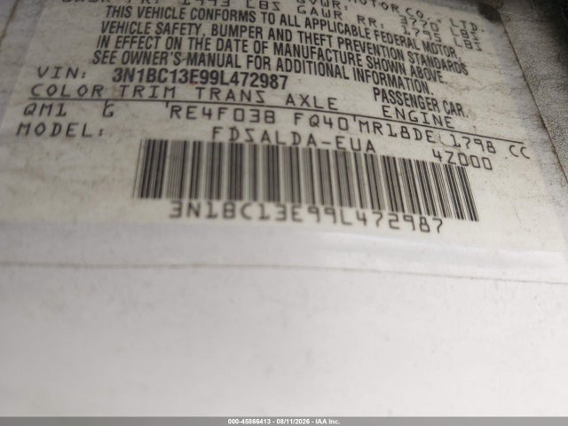 2009 Nissan Versa 1.8s მანქანა იყიდება აუქციონზე, vin: 3N1BC13E99L472987, აუქციონის ნომერი: 45866413