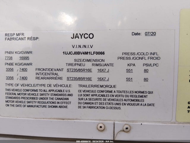 Продажа на аукционе авто 2021 Jayco North Point, vin: 1UJCJ0BV4M1LF0066, номер лота: 45866416