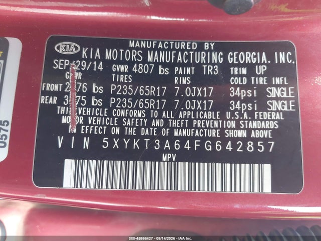 Продаж на аукціоні авто 2015 Kia Sorento Lx, vin: 5XYKT3A64FG642857, номер лоту: 45866427