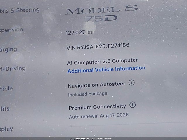 45866429 :رقم المزاد ، 5YJSA1E25JF274156 vin ، 2018 Tesla Model S 100d/75d/p100d مزاد بيع
