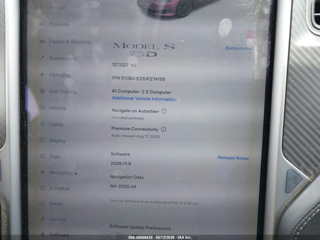 45866429 :رقم المزاد ، 5YJSA1E25JF274156 vin ، 2018 Tesla Model S 100d/75d/p100d مزاد بيع