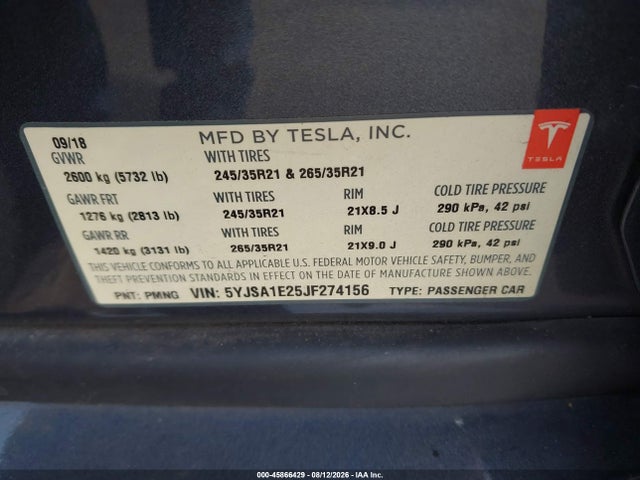 45866429 :رقم المزاد ، 5YJSA1E25JF274156 vin ، 2018 Tesla Model S 100d/75d/p100d مزاد بيع
