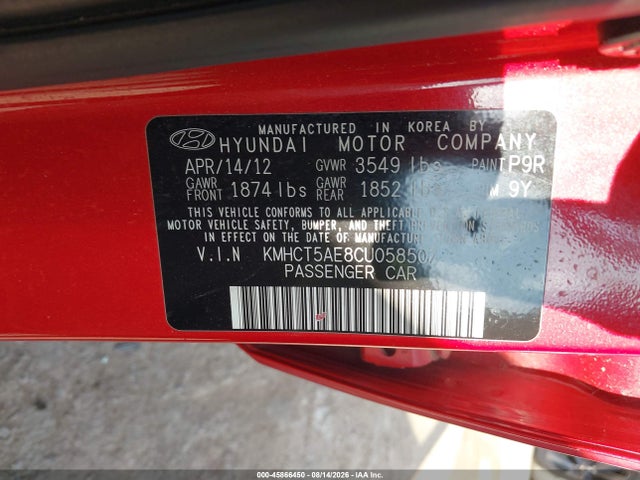 Aukcja sprzedaży 2012 Hyundai Accent Gs, vin: KMHCT5AE8CU058507, numer aukcji: 45866450