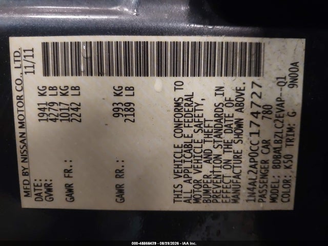 Продаж на аукціоні авто 2012 Nissan Altima 2.5 S, vin: 1N4AL2AP0CC174727, номер лоту: 45866479
