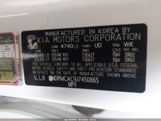 2018 Kia Sportage Lx მანქანა იყიდება აუქციონზე, vin: KNDPMCAC9J7450865, აუქციონის ნომერი: 45866492