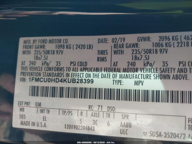 1FMCU0HD4KUB28399 Ford ESCAPE SEL