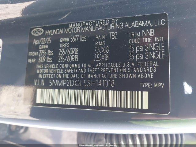 45866497 :رقم المزاد ، 5NMP2DGL5SH141018 vin ، 2025 Hyundai Santa Fe Sel مزاد بيع