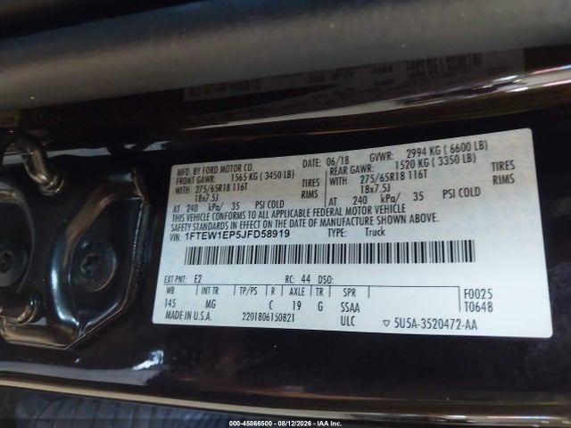 Продаж на аукціоні авто 2018 Ford F-150 Xlt, vin: 1FTEW1EP5JFD58919, номер лоту: 45866500