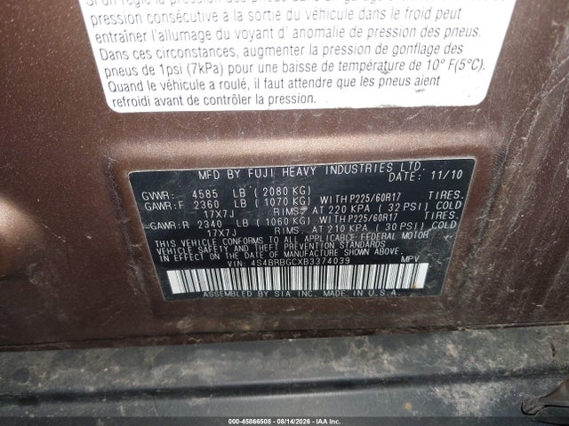 45866508 :رقم المزاد ، 4S4BRBGCXB3374039 vin ، 2011 Subaru Outback 2.5i Premium مزاد بيع
