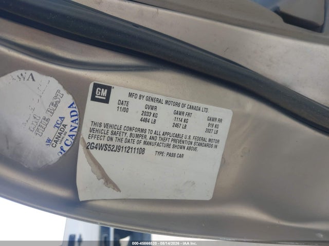 2001 Buick Century Custom მანქანა იყიდება აუქციონზე, vin: 2G4WS52J911211108, აუქციონის ნომერი: 45866520