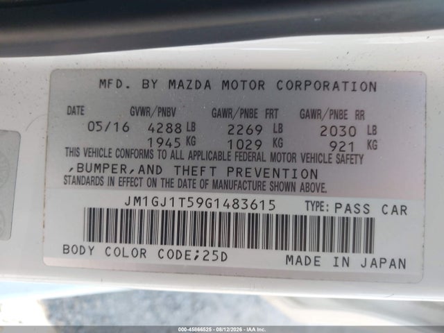 Продаж на аукціоні авто 2016 Mazda Mazda6, vin: JM1GJ1T59G1483615, номер лоту: 45866525