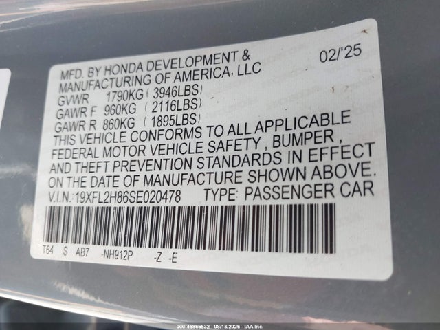 2025 Honda Civic Sedan Sport მანქანა იყიდება აუქციონზე, vin: 19XFL2H86SE020478, აუქციონის ნომერი: 45866532