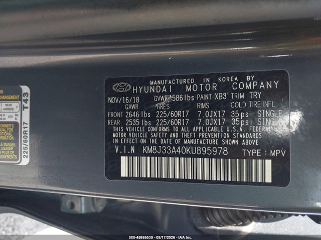 Продажа на аукционе авто 2019 Hyundai Tucson Value, vin: KM8J33A40KU895978, номер лота: 45866539