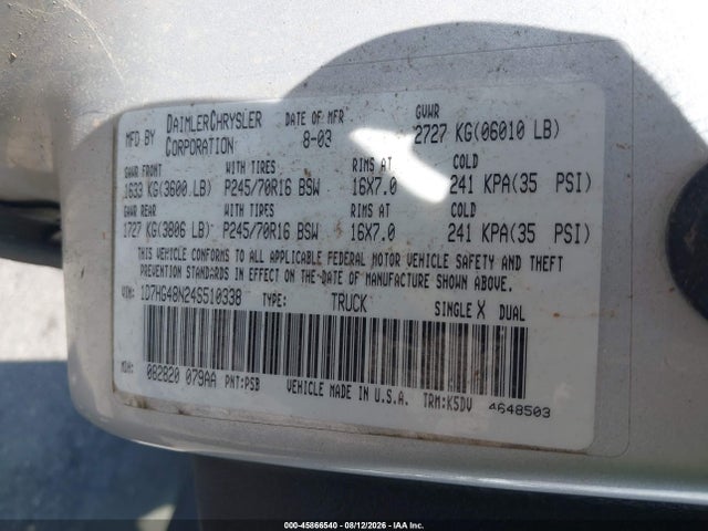 45866540 :رقم المزاد ، 1D7HG48N24S510338 vin ، 2004 Dodge Dakota Slt مزاد بيع
