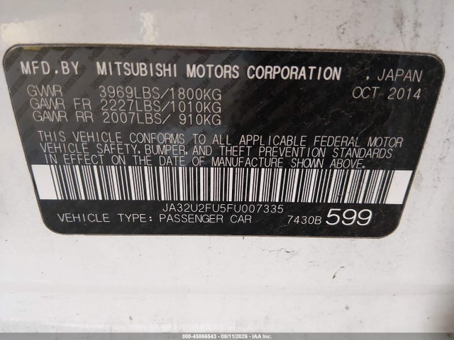 45866543 :رقم المزاد ، JA32U2FU5FU007335 vin ، 2015 Mitsubishi Lancer Es مزاد بيع