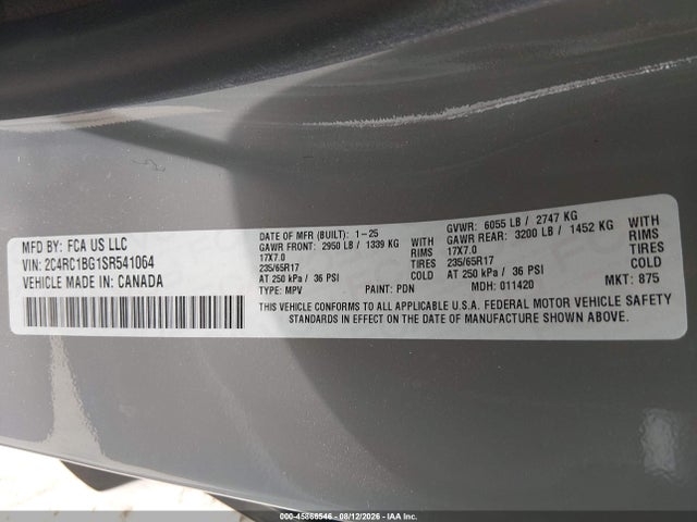 45866546 :رقم المزاد ، 2C4RC1BG1SR541064 vin ، 2025 Chrysler Pacifica Select مزاد بيع