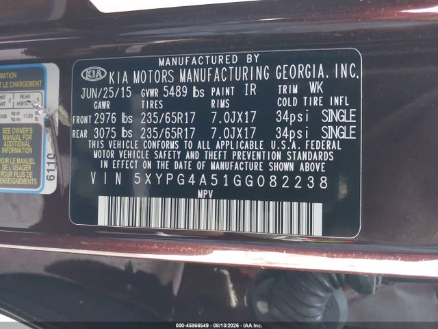 Продаж на аукціоні авто 2016 Kia Sorento 3.3l Lx, vin: 5XYPG4A51GG082238, номер лоту: 45866549