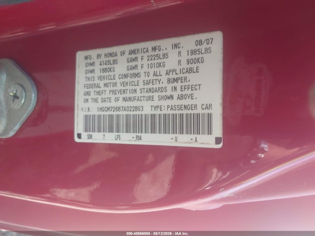 Aukcja sprzedaży 2007 Honda Accord 2.4 Ex, vin: 1HGCM72687A022863, numer aukcji: 45866565