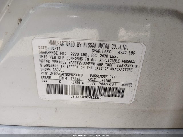 45866572 :رقم المزاد ، JN1CV6AP9CM623310 vin ، 2012 Infiniti G37 Journey مزاد بيع