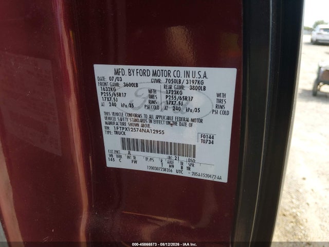 Aukcja sprzedaży 2004 Ford F-150 Lariat/xl/xlt, vin: 1FTPX12574NA12955, numer aukcji: 45866573