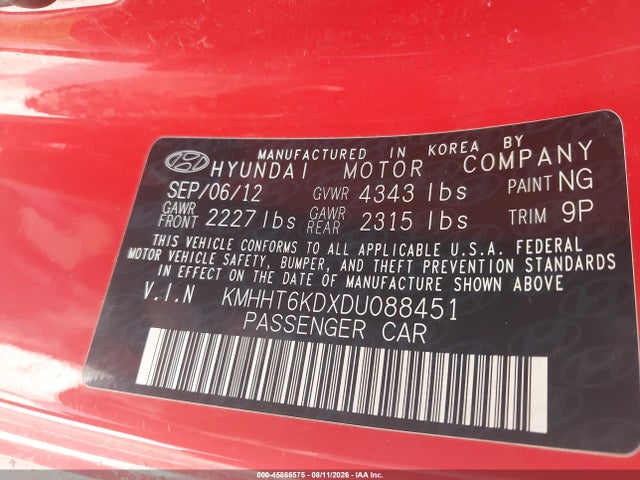 Aukcja sprzedaży 2013 Hyundai Genesis 2.0t, vin: KMHHT6KDXDU088451, numer aukcji: 45866575