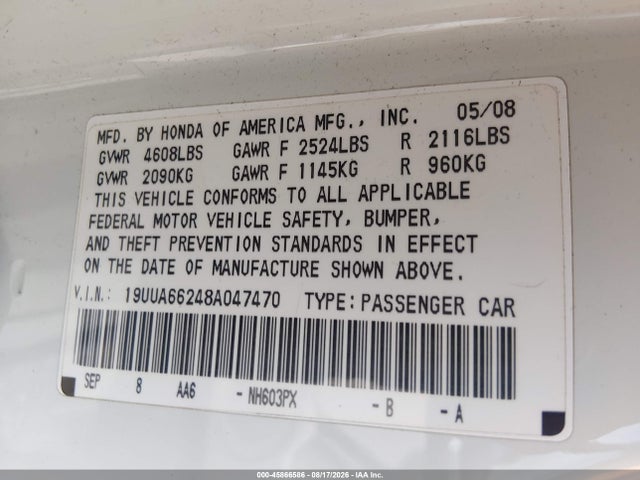 Aukcja sprzedaży 2008 Acura Tl 3.2, vin: 19UUA66248A047470, numer aukcji: 45866586
