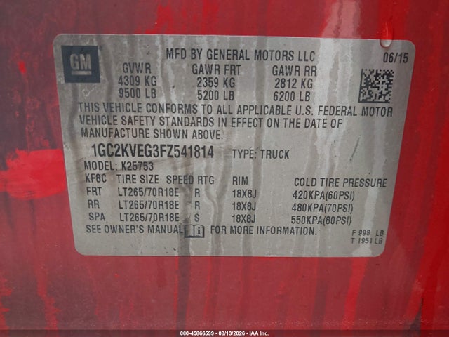 2015 Chevrolet Silverado 2500hd Built After Aug 14 Lt მანქანა იყიდება აუქციონზე, vin: 1GC2KVEG3FZ541814, აუქციონის ნომერი: 45866599