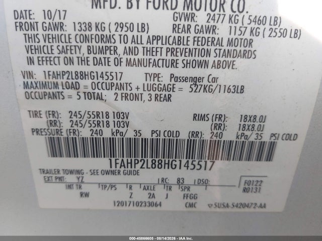 45866605 :رقم المزاد ، 1FAHP2L88HG145517 vin ، 2017 Ford Police Interceptor مزاد بيع