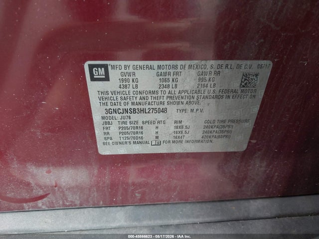 Продаж на аукціоні авто 2017 Chevrolet Trax Ls, vin: 3GNCJNSB3HL275048, номер лоту: 45866623