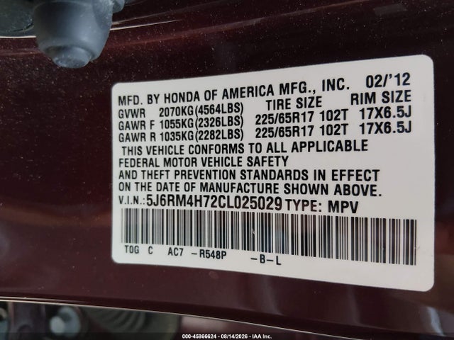 Продажа на аукционе авто 2012 Honda Cr-v Ex-l, vin: 5J6RM4H72CL025029, номер лота: 45866624