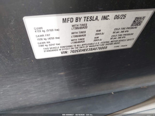 Aukcja sprzedaży 2025 Tesla Cybertruck, vin: 7G2CEHEE3SA076005, numer aukcji: 45866627