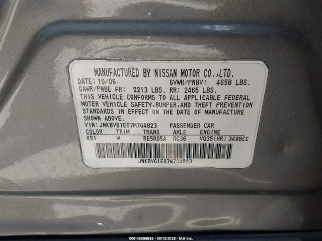 2007 Infiniti G35 Journey მანქანა იყიდება აუქციონზე, vin: JNKBV61E07M704823, აუქციონის ნომერი: 45866635