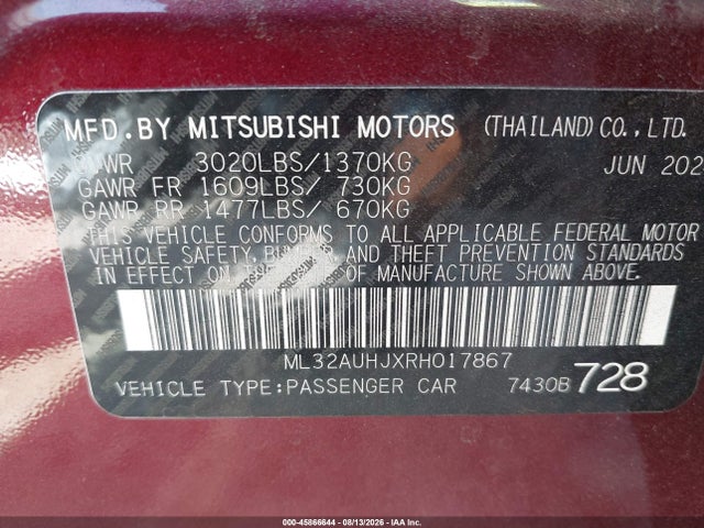 2024 Mitsubishi Mirage Es/le მანქანა იყიდება აუქციონზე, vin: ML32AUHJXRH017867, აუქციონის ნომერი: 45866644
