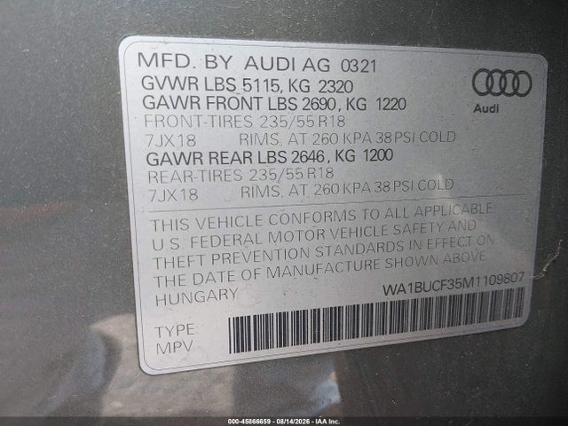 Aukcja sprzedaży 2021 Audi Q3 Premium Plus 40 Tfsi Quattro Tiptronic, vin: WA1BUCF35M1109807, numer aukcji: 45866659
