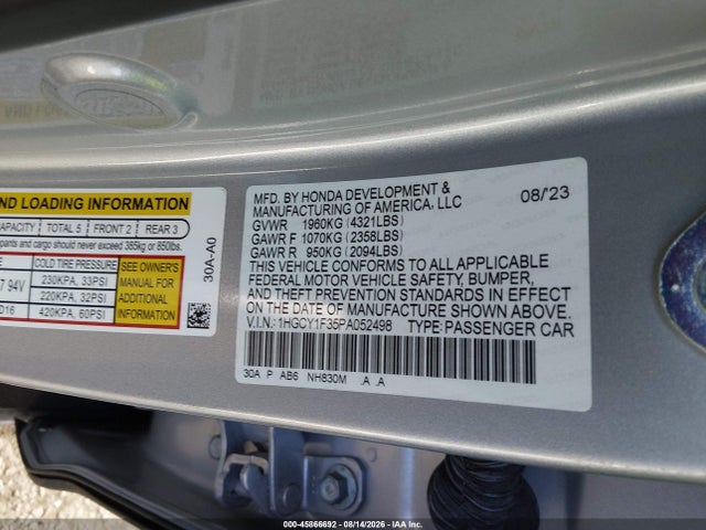 Honda ACCORD EX 2023 1HGCY1F35PA052498 Image 9