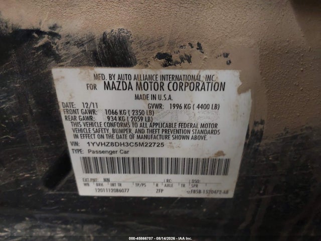 45866707 :رقم المزاد ، 1YVHZ8DH3C5M22725 vin ، 2012 Mazda Mazda6 I Touring مزاد بيع
