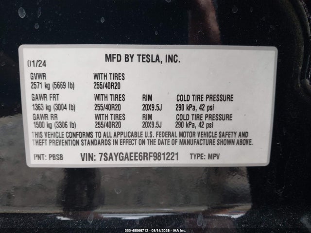 Продаж на аукціоні авто 2024 Tesla Model Y Long Range Dual Motor All-wheel Drive, vin: 7SAYGAEE6RF981221, номер лоту: 45866712