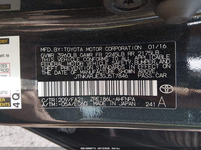 2016 Scion Im მანქანა იყიდება აუქციონზე, vin: JTNKARJE3GJ517846, აუქციონის ნომერი: 45866713