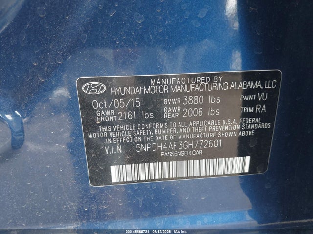 5NPDH4AE3GH772601 Hyundai ELANTRA SE