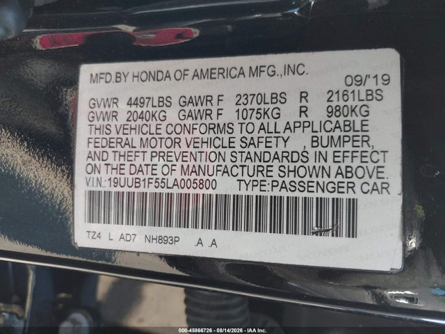 Продаж на аукціоні авто 2020 Acura Tlx Tech Package, vin: 19UUB1F55LA005800, номер лоту: 45866726