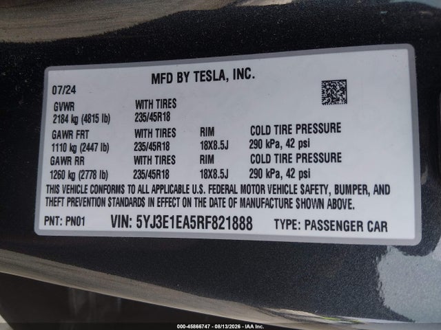 Продаж на аукціоні авто 2024 Tesla Model 3 Long Range Dual Motor All-wheel Drive/rear-wheel Drive, vin: 5YJ3E1EA5RF821888, номер лоту: 45866747