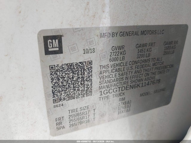 45866752 :رقم المزاد ، 1GCGTDEN6K1147678 vin ، 2019 Chevrolet Colorado Z71 مزاد بيع