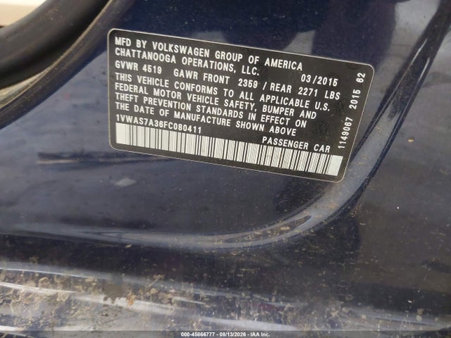 Продаж на аукціоні авто 2015 Volkswagen Passat 1.8t Limited Edition, vin: 1VWAS7A36FC080411, номер лоту: 45866777