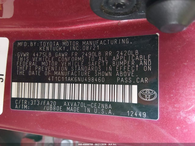 Продажа на аукционе авто 2022 Toyota Camry Le, vin: 4T1C11AK6NU498460, номер лота: 45866789