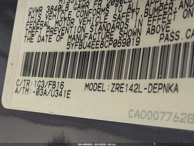 45866802 :رقم المزاد ، 5YFBU4EE8CP069019 vin ، 2012 Toyota Corolla Le مزاد بيع