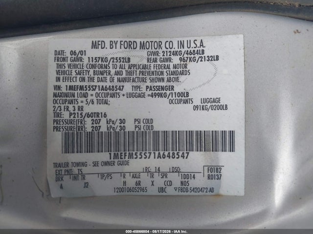 Продажа на аукционе авто 2001 Mercury Sable Ls Premium, vin: 1MEFM55S71A648547, номер лота: 45866804