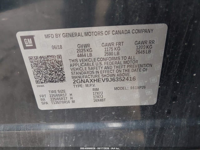 2018 Chevrolet Equinox Ls მანქანა იყიდება აუქციონზე, vin: 2GNAXHEV9J6352416, აუქციონის ნომერი: 45866826